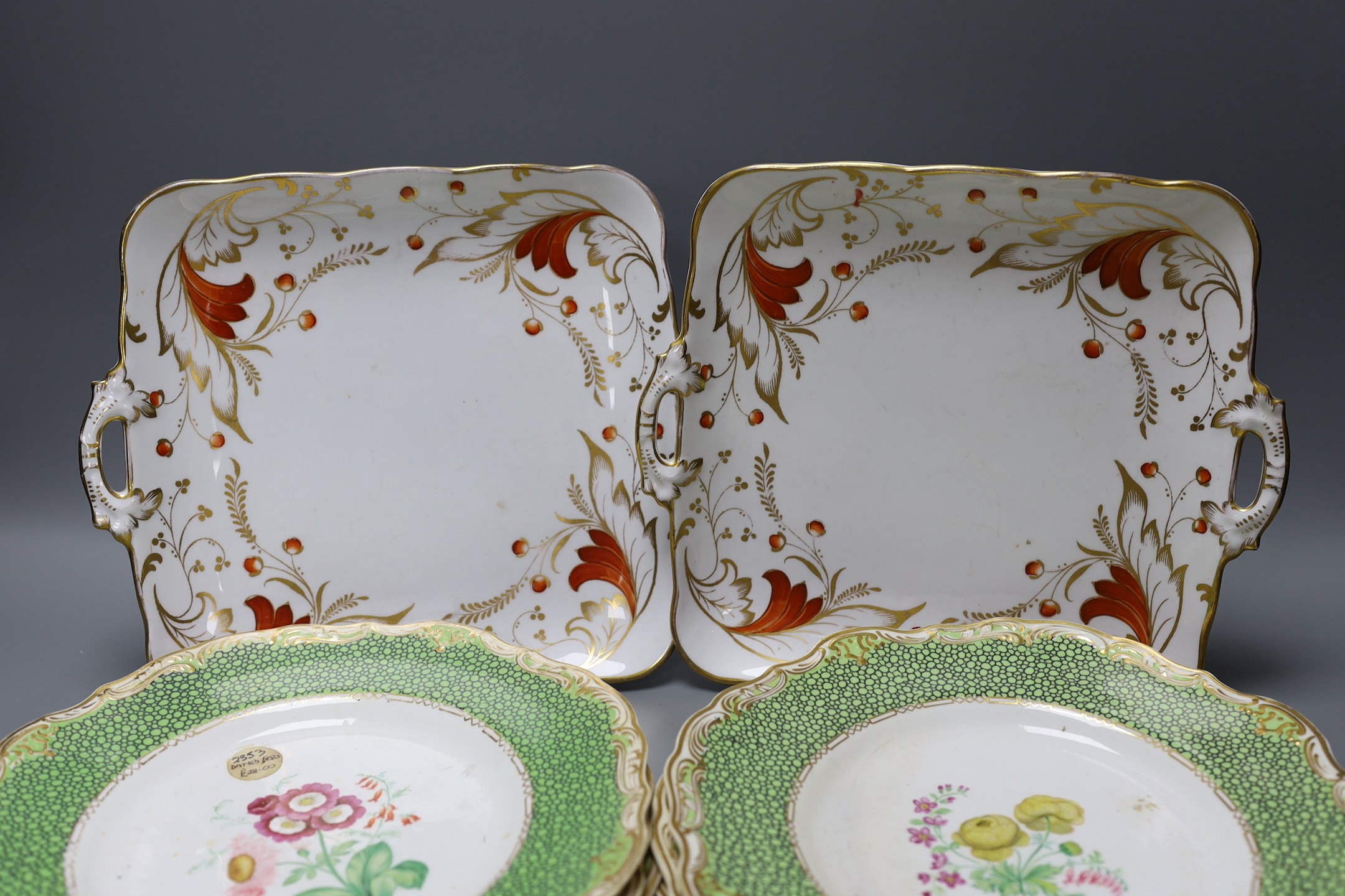 A set of six Copeland Garrett Late Spode dessert dishes, painted with botanical specimens, together with a pair of Victorian two handled cake dishes (8)